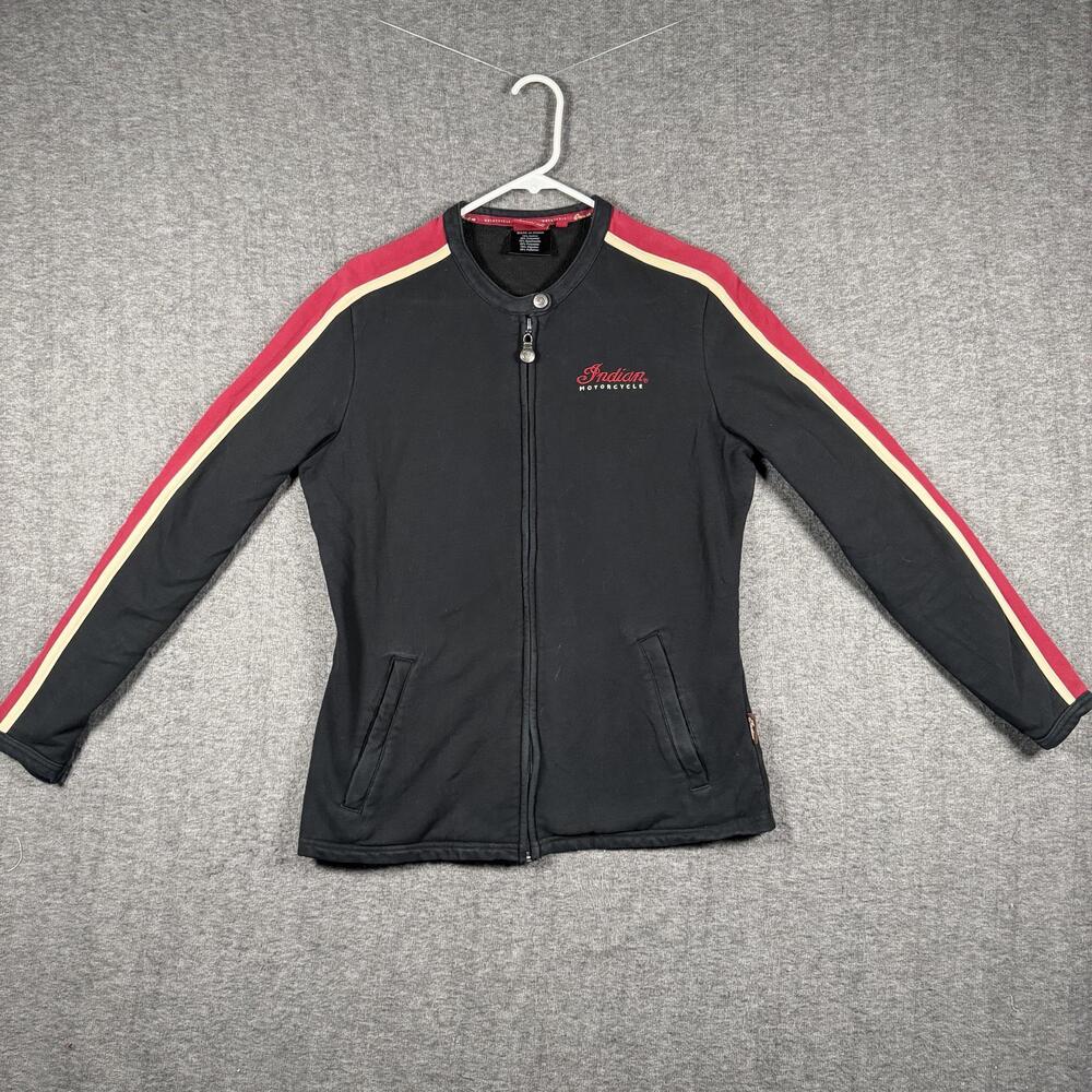 Indian Motorcycle Jacket Womens L Black Fleece Full Zip Stripe Sleeve Logo READ!